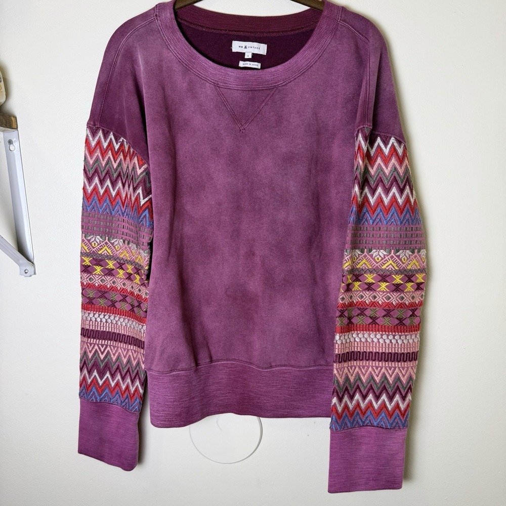 Sundance/MM Vintage Crewneck Sweatshirt Embroidered Sleeves Size L Aztec Cotton